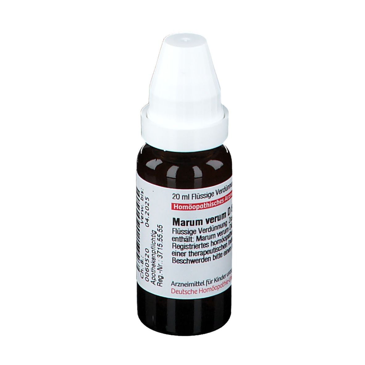 Braune Glasflasche mit weißem Verschluss. Etikett mit Text: Marum verum D6, 20 ml Flüssige Verdünnung. Verfallsdatum 04.2025.