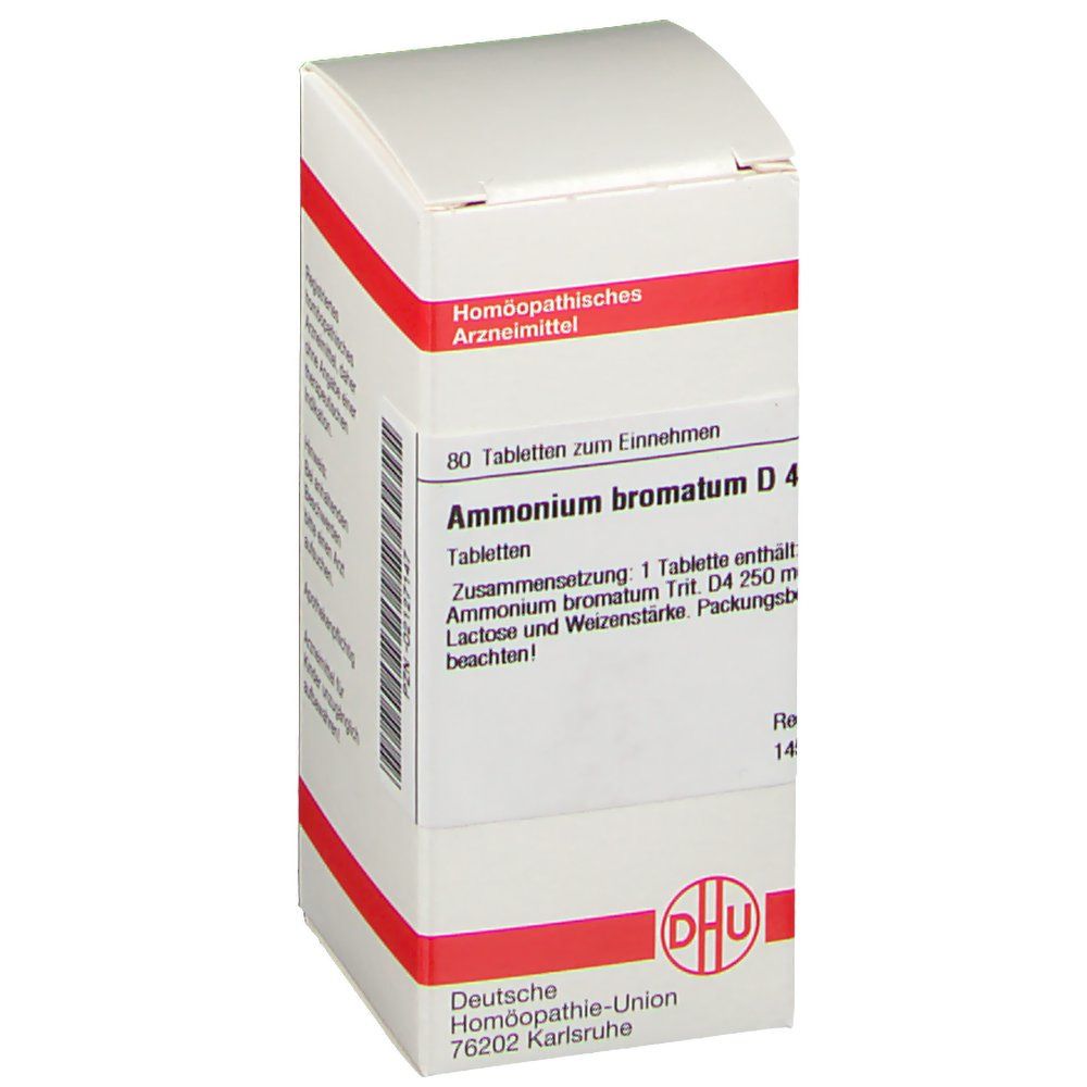 Weiße Faltschachtel mit roter Umrandung. Aufschrift: Ammonium bromatum D4, 80 Tabletten. Logo: DHU.