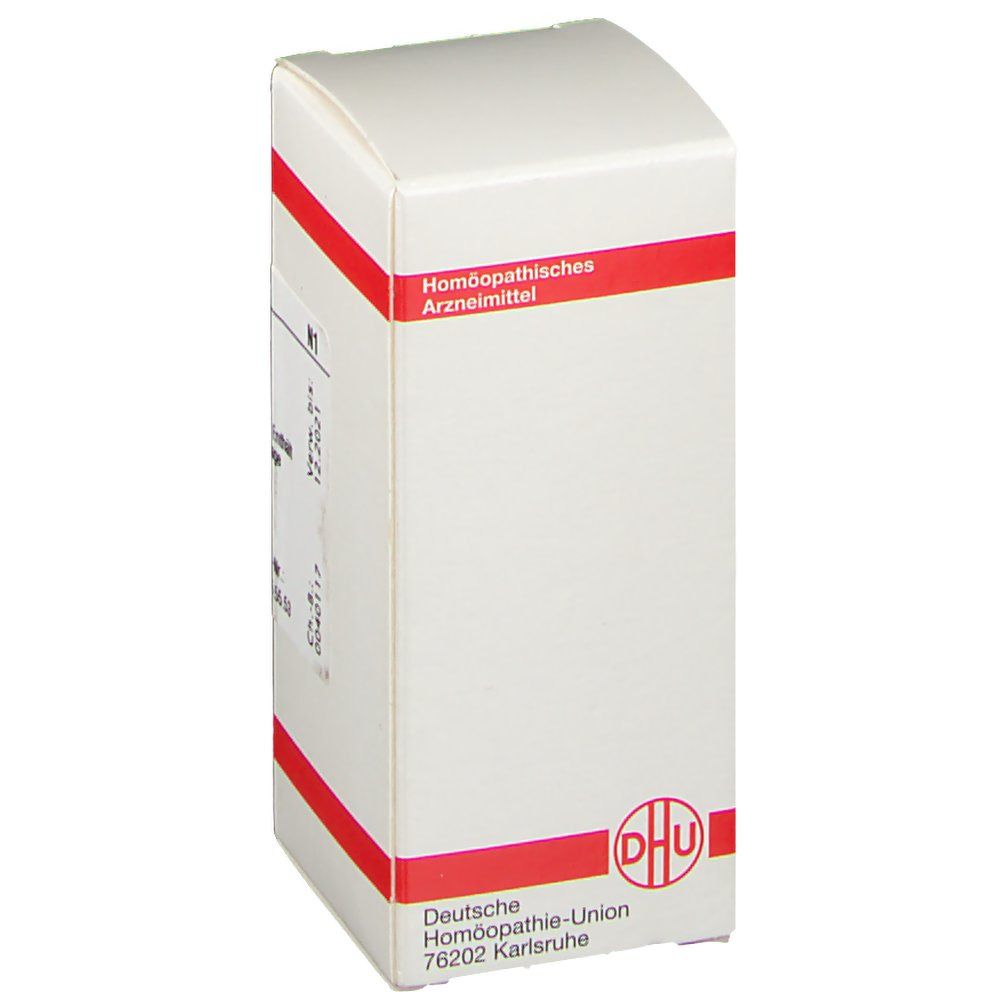 Weiße Faltschachtel mit roter Umrandung. Logo: DHU. Aufschrift: Homöopathisches Arzneimittel.