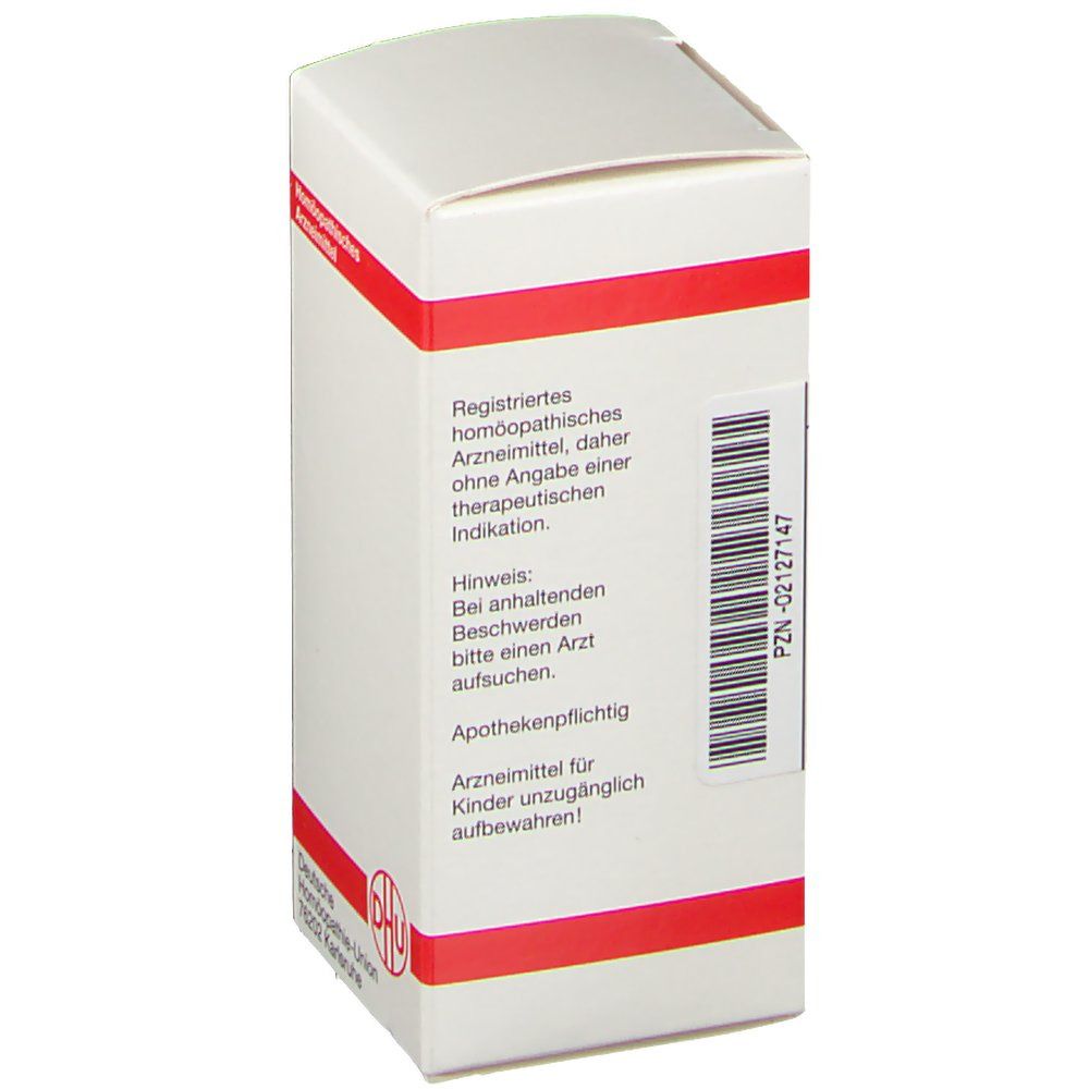 Weiße Faltschachtel mit roter Umrandung. Aufdruck: Apothekenpflichtig. Logo: DHU.