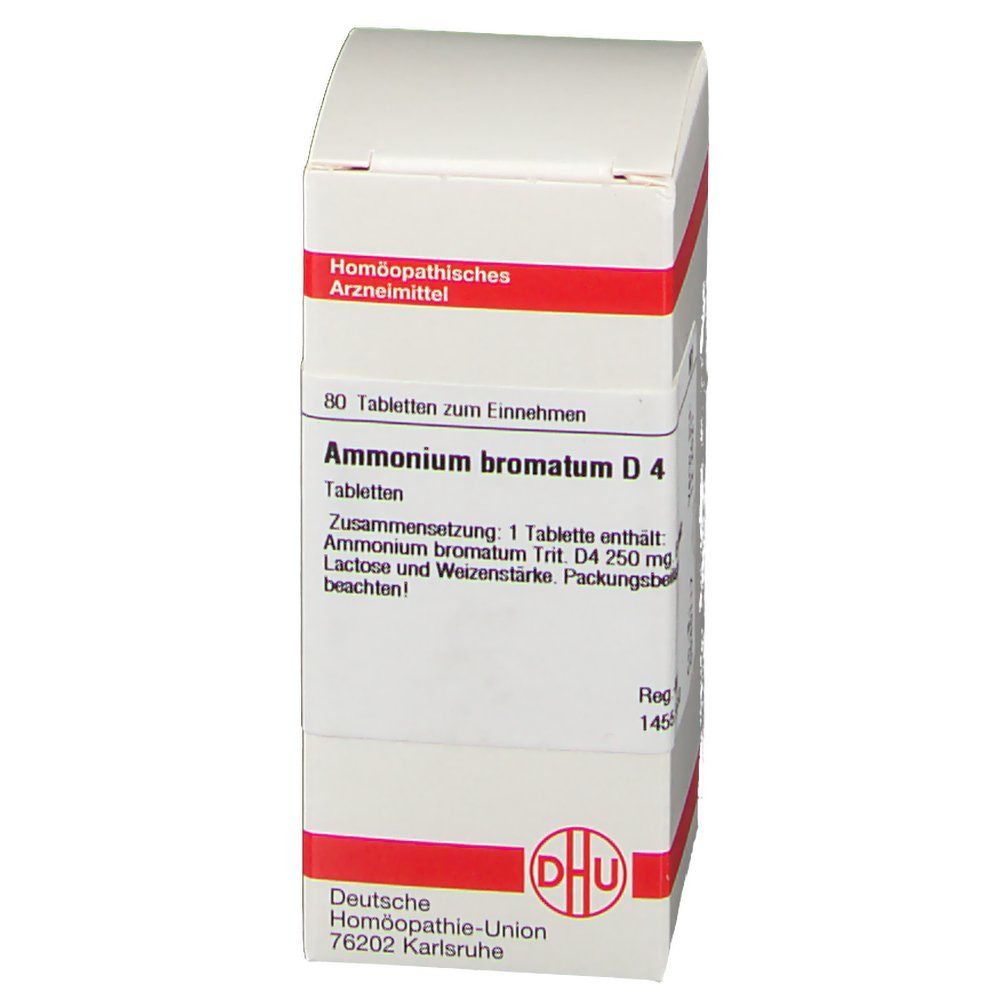 Weiße Faltschachtel mit roter Umrandung. Aufschrift: Ammonium bromatum D4, 80 Tabletten. Logo: DHU.