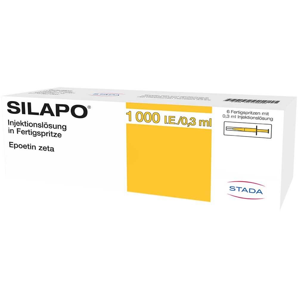 Verpackung von Silapo® mit Aufschrift "1000 IE/0,3 ml". Enthält 6 Fertigspritzen. STADA Logo.