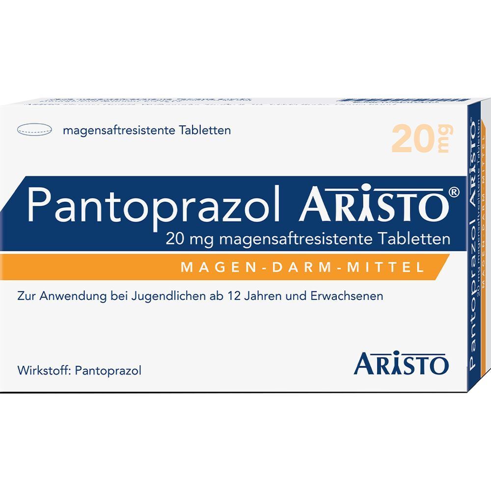 Schachtel Pantoprazol Aristo 20 mg. Blaue und orangefarbene Schrift. Enthält magensaftresistente Tabletten. Aristo-Logo.