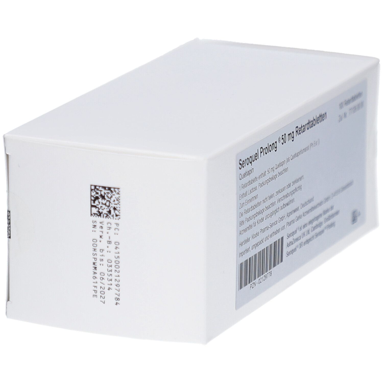 Weiße rechteckige Faltschachtel. Aufschrift: Seroquel Prolong 50 mg Retardtabletten. Text und Barcode. Rückseite mit Text und Barcode.