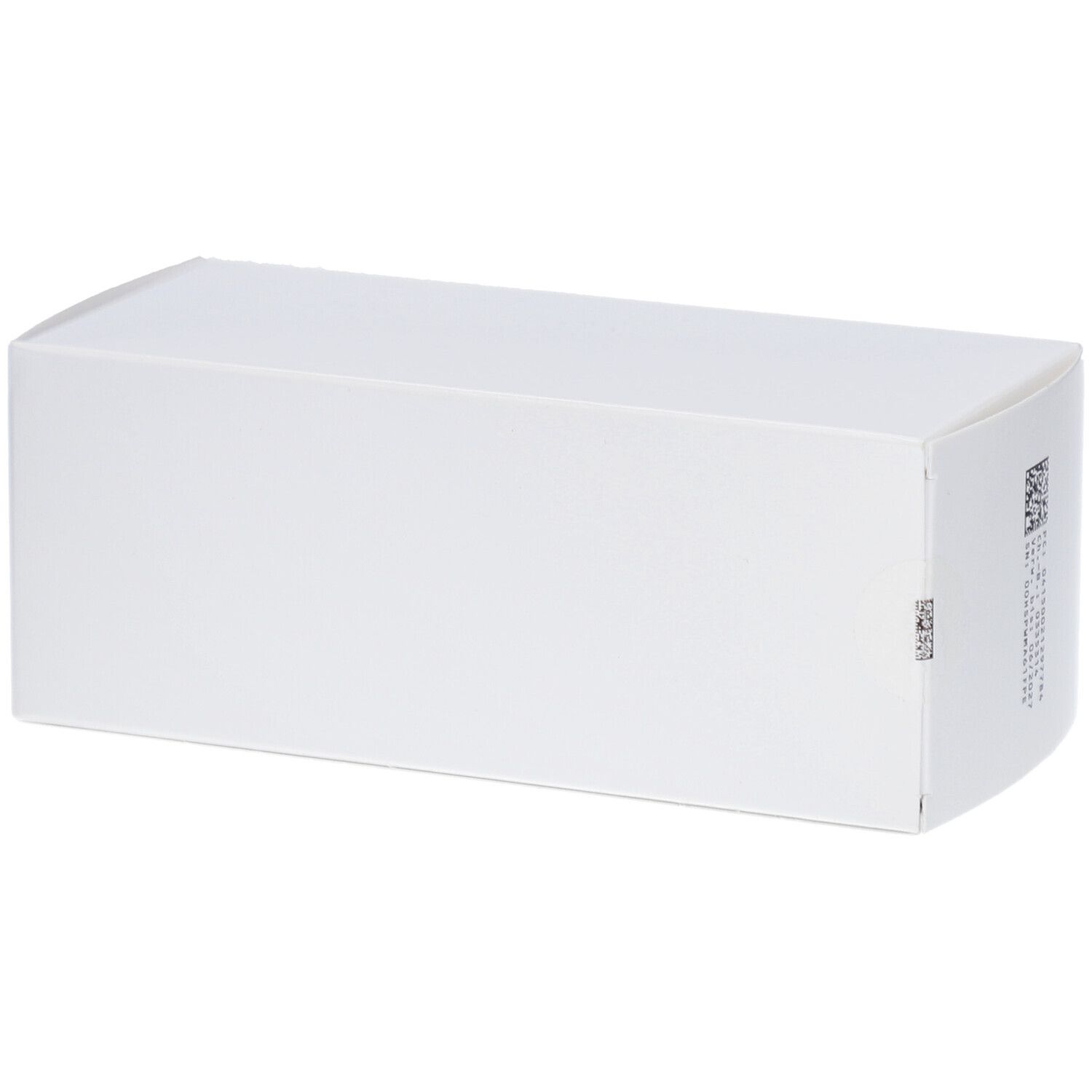 Weiße rechteckige Faltschachtel. Auf einer Seite Text und Barcode. Sonst glatt.