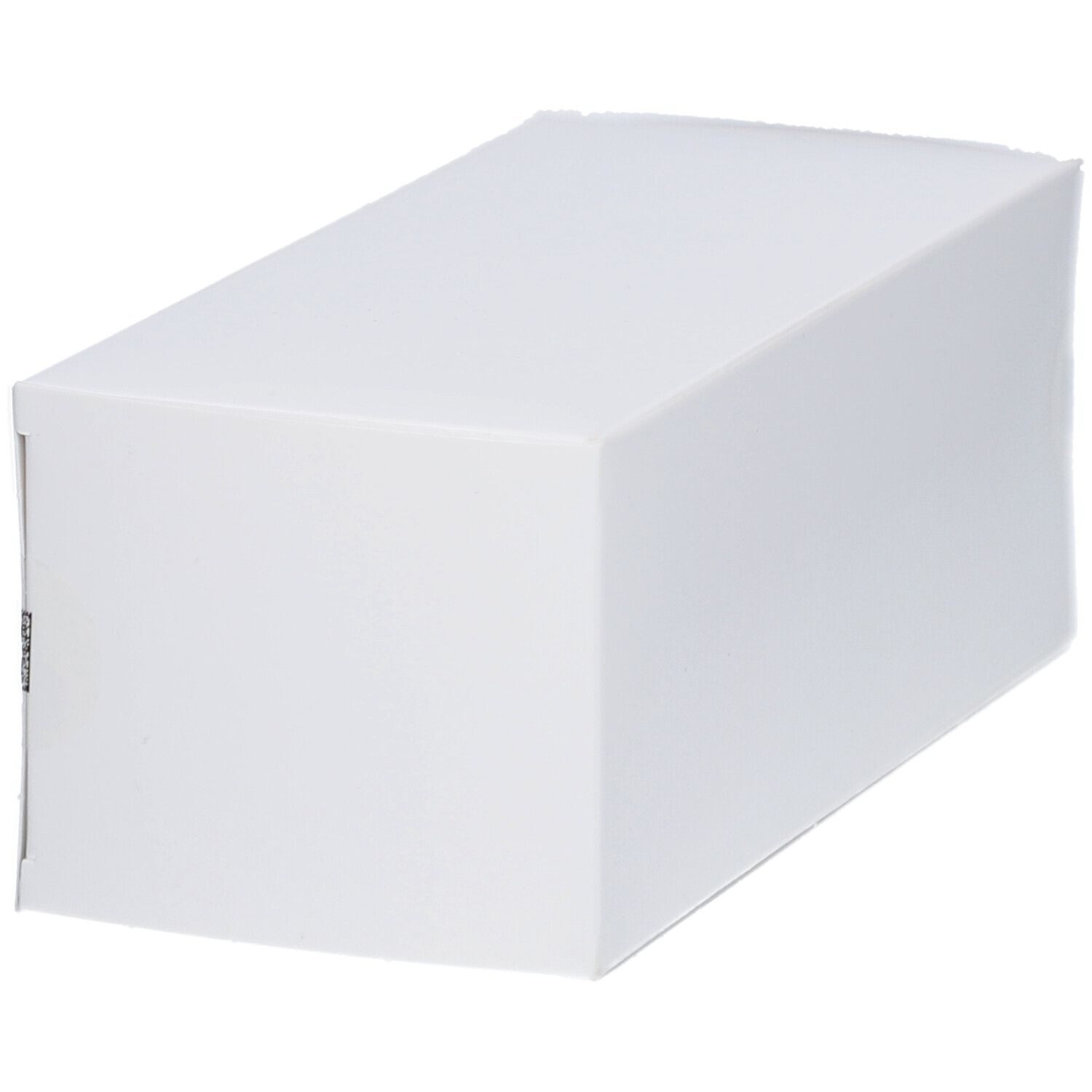 Weiße rechteckige Faltschachtel. Glatte Oberfläche. Auf einer Seite Text und Barcode.