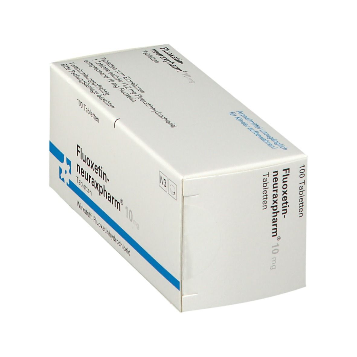 Packung Fluoxetin neuraxpharm 10 mg Tabletten, 100 Stück, schräg von vorne.