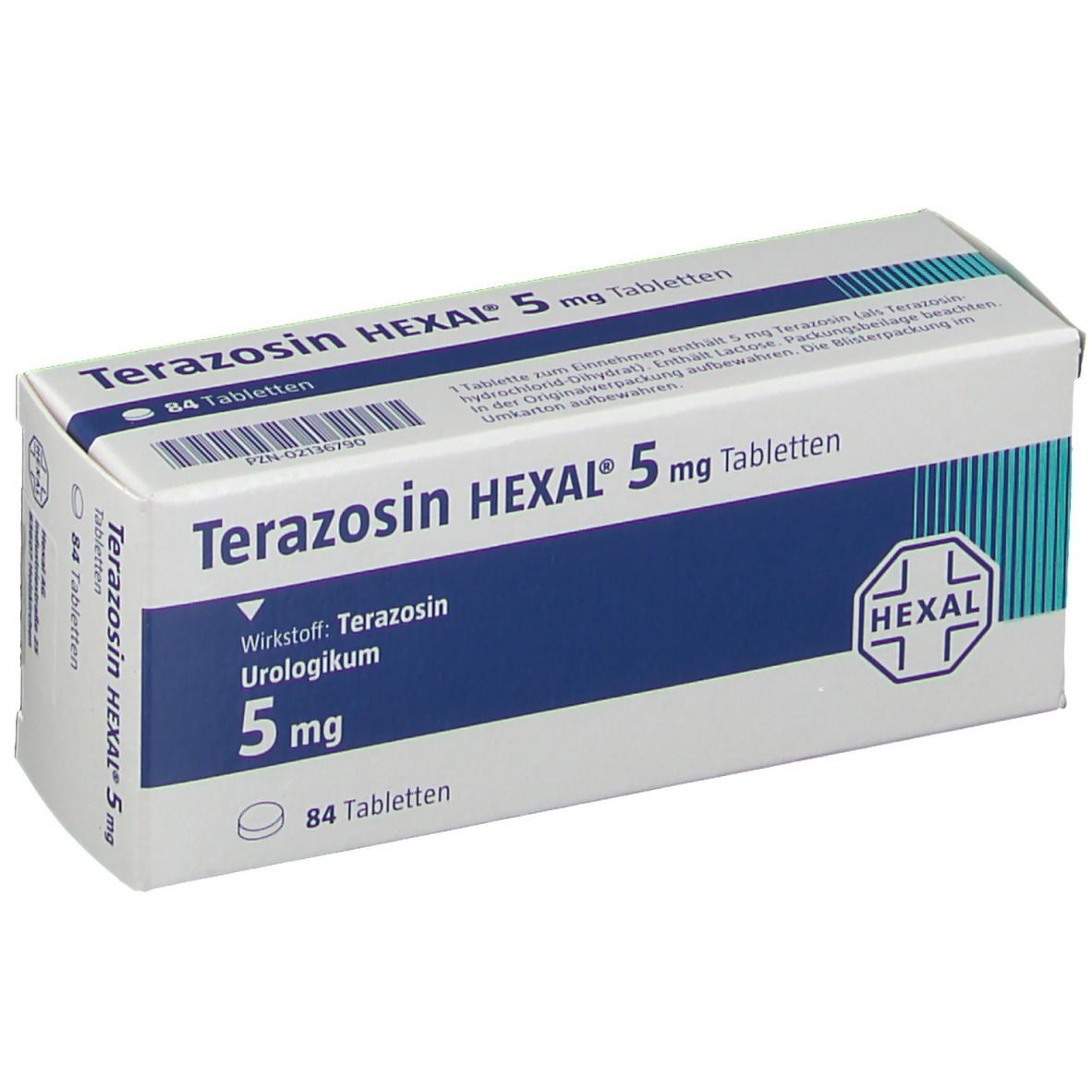 Schachtel mit Tabletten. Aufschrift: Terazosin HEXAL 5 mg Tabletten. Logo HEXAL. 84 Tabletten.