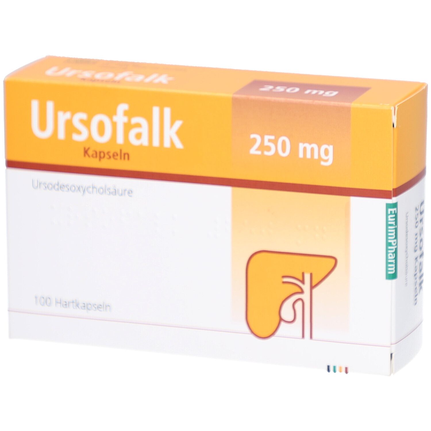 Ursofalk® 250 mg Kapseln-Packung. Orange-weiß. Beschriftung: Ursofalk, 250 mg, 100 Hartkapseln. Abbildung einer Leber.