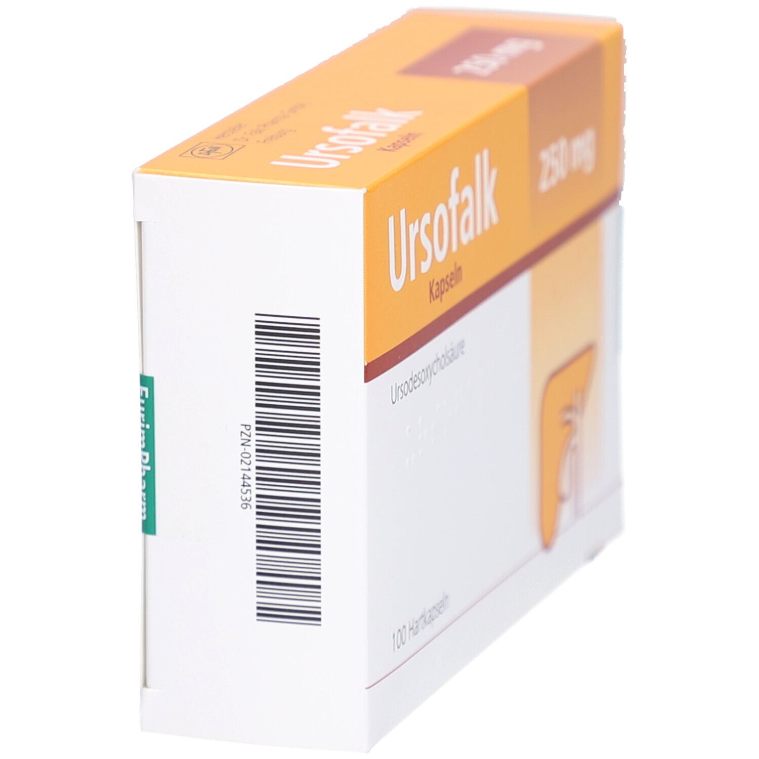 Schräg gestellte Packung Ursofalk® 250 mg. Orange-weiß. Barcode und Herstellerinformationen auf der Seite.