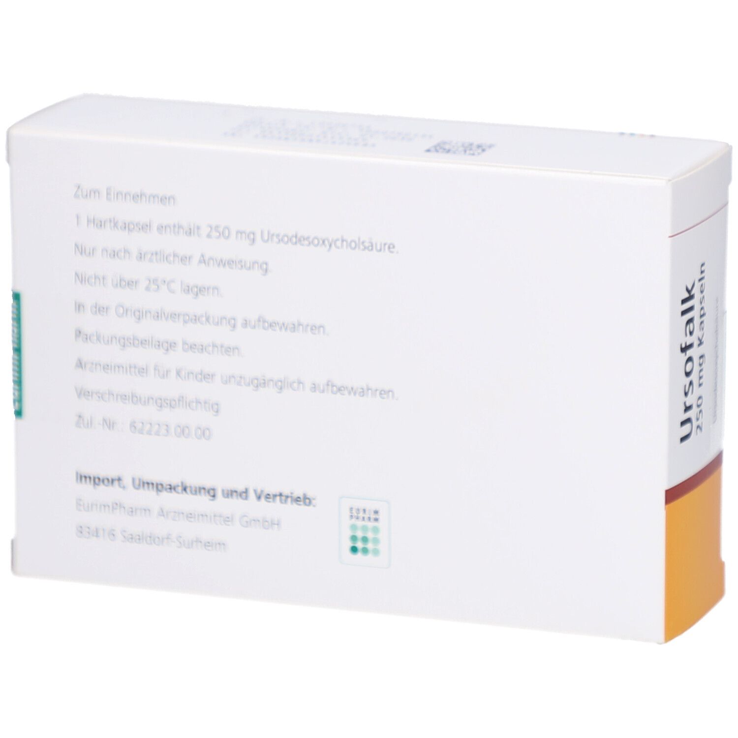 Rückseite der Ursofalk® 250 mg Packung. Text: Zum Einnehmen, 1 Hartkapsel enthält 250 mg Ursodesoxycholsäure.