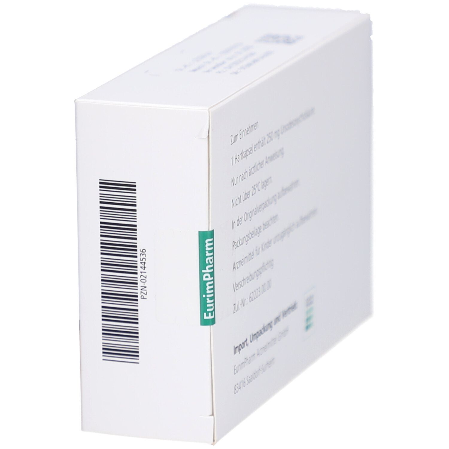 Seite der Ursofalk® 250 mg Packung. Barcode und Herstellerinformationen. Grün: EurimPharm.