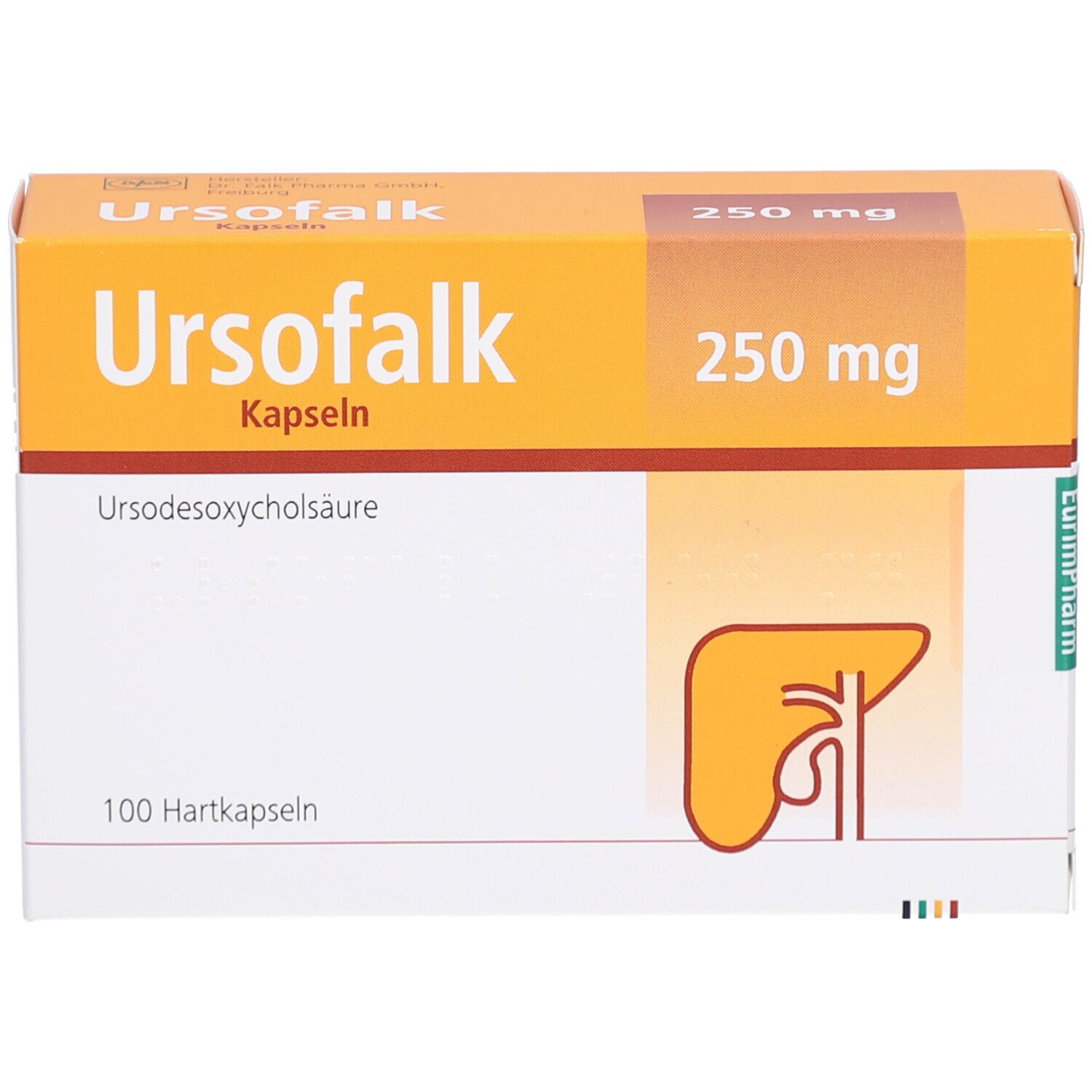 Ursofalk® 250 mg Kapseln-Packung. Orange-weiß. Beschriftung: Ursofalk, 250 mg, 100 Hartkapseln. Abbildung einer Leber.