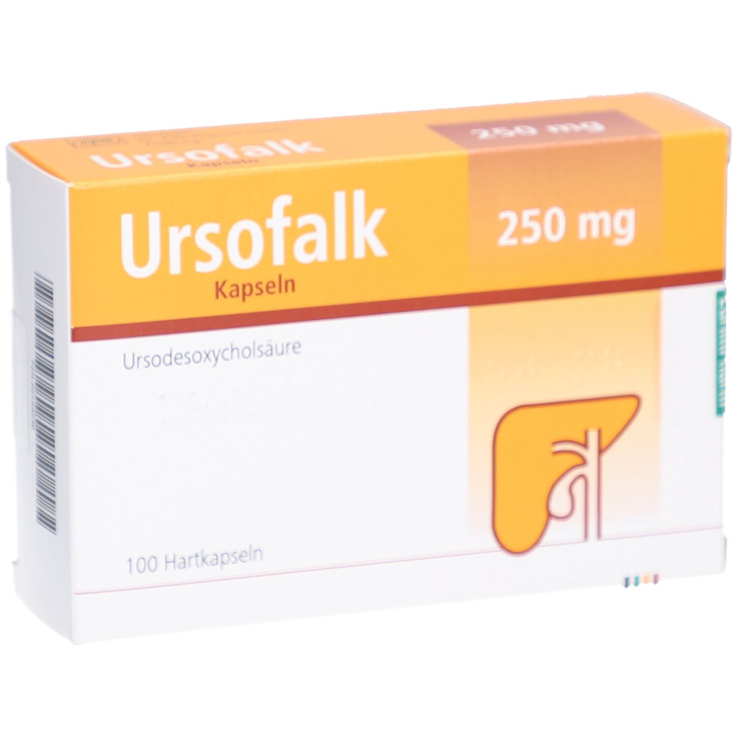 Ursofalk® 250 mg Kapseln-Packung. Orange-weiß. Beschriftung: Ursofalk, 250 mg, 100 Hartkapseln. Abbildung einer Leber.