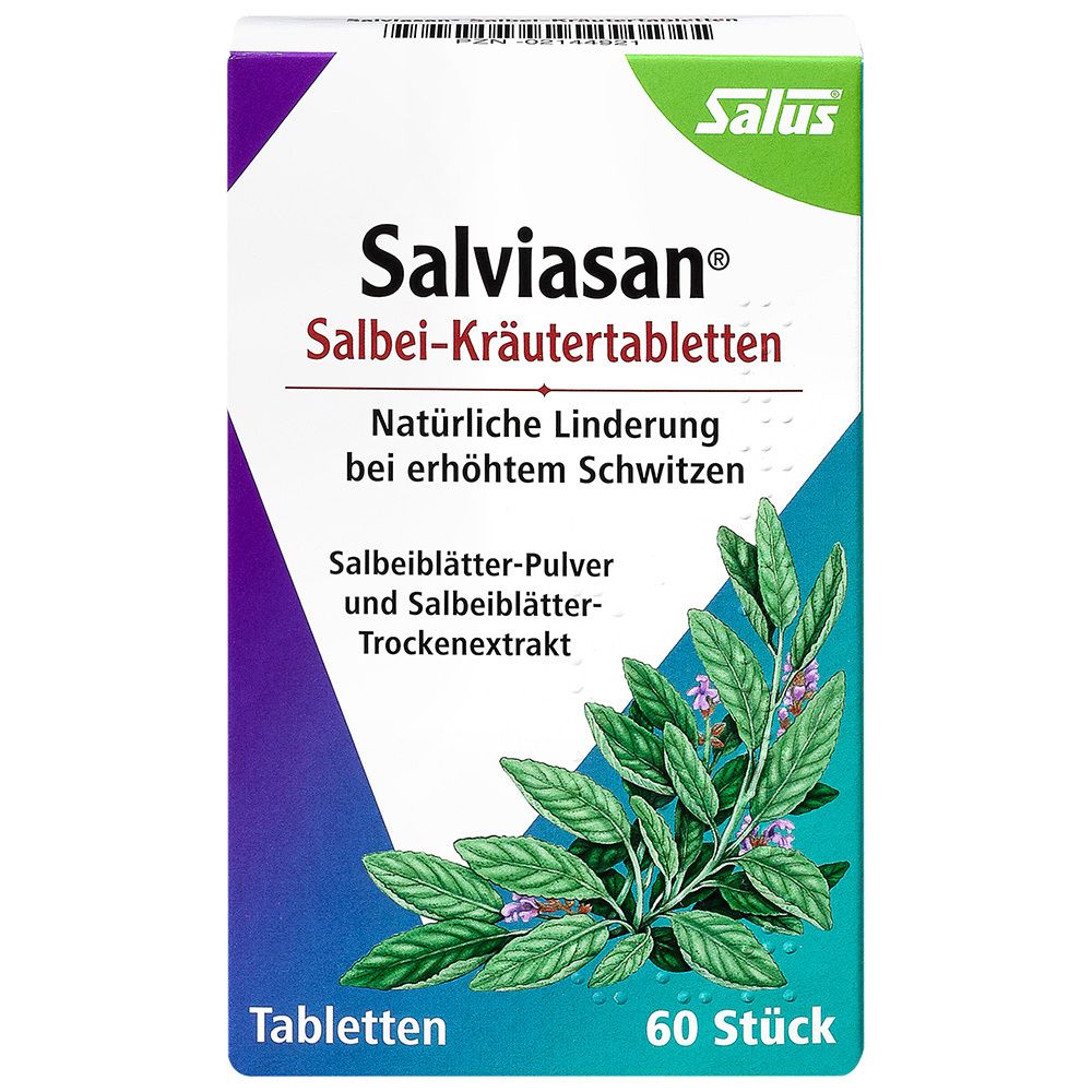 Vorderansicht der Packung Salviason® Salbei-Kräutertabletten. Salus-Logo, Produktname und Beschreibung.