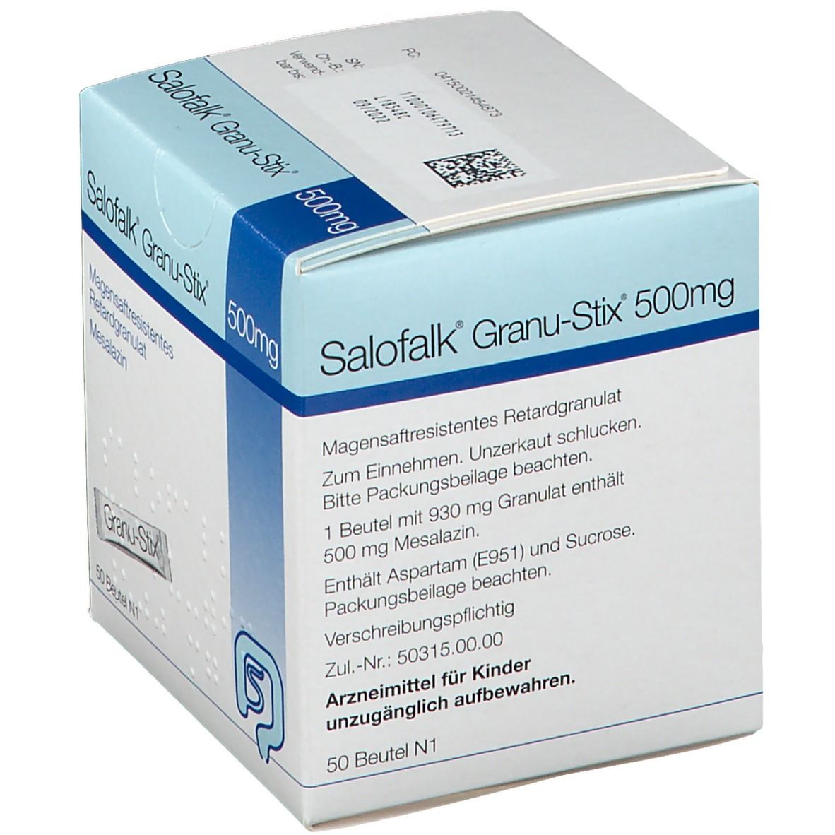 Karton Salofalk Granu-Stix 500mg. Aufschrift: Magensaftresistentes Retardgranulat, Mesalazin. 50 Beutel N1. Text zur Anwendung.