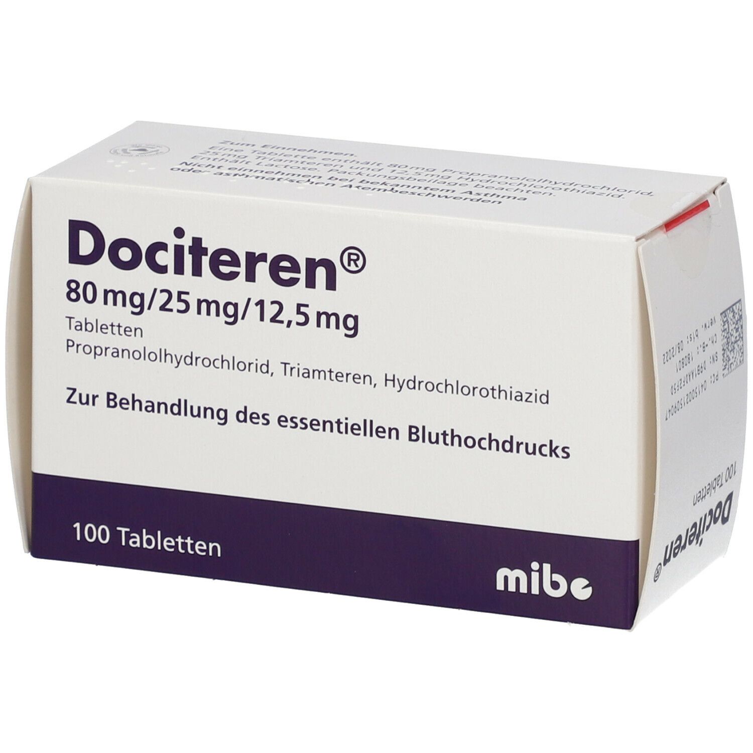 Weiße Tablettenschachtel mit Aufschrift Dociteren, 80mg/25mg/12,5mg, 100 Tabletten. Marke mibe.