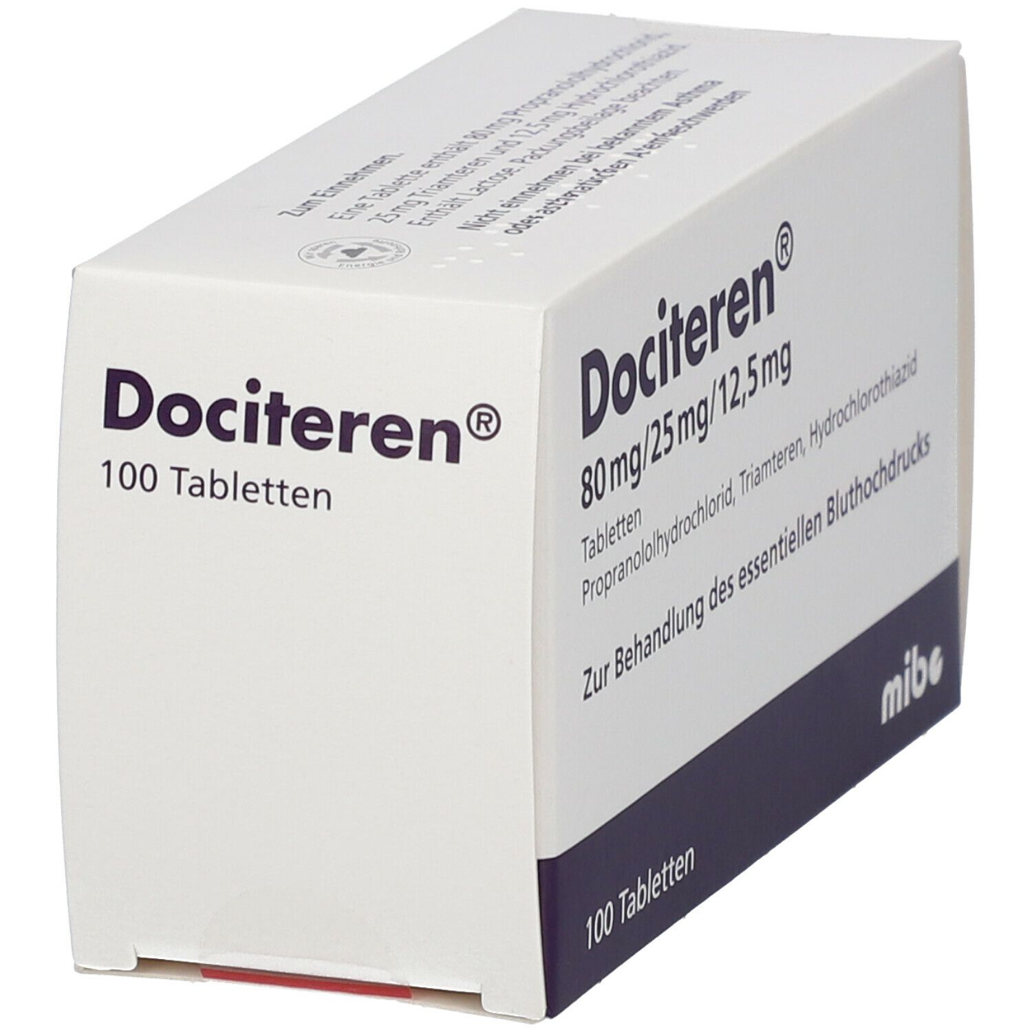 Tablettenschachtel Dociteren, 80mg/25mg/12,5mg, 100 Tabletten. Marke mibe. Schachtel schräg.