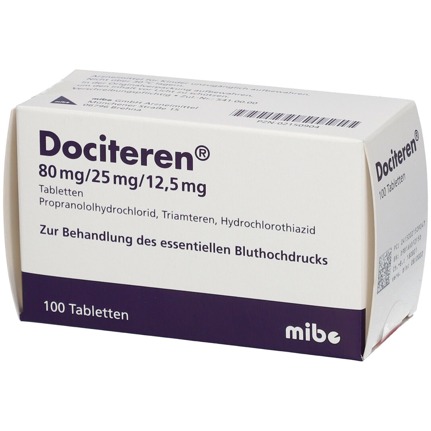 Tablettenschachtel Dociteren, 80mg/25mg/12,5mg, 100 Tabletten. Marke mibe. Schachtel schräg.