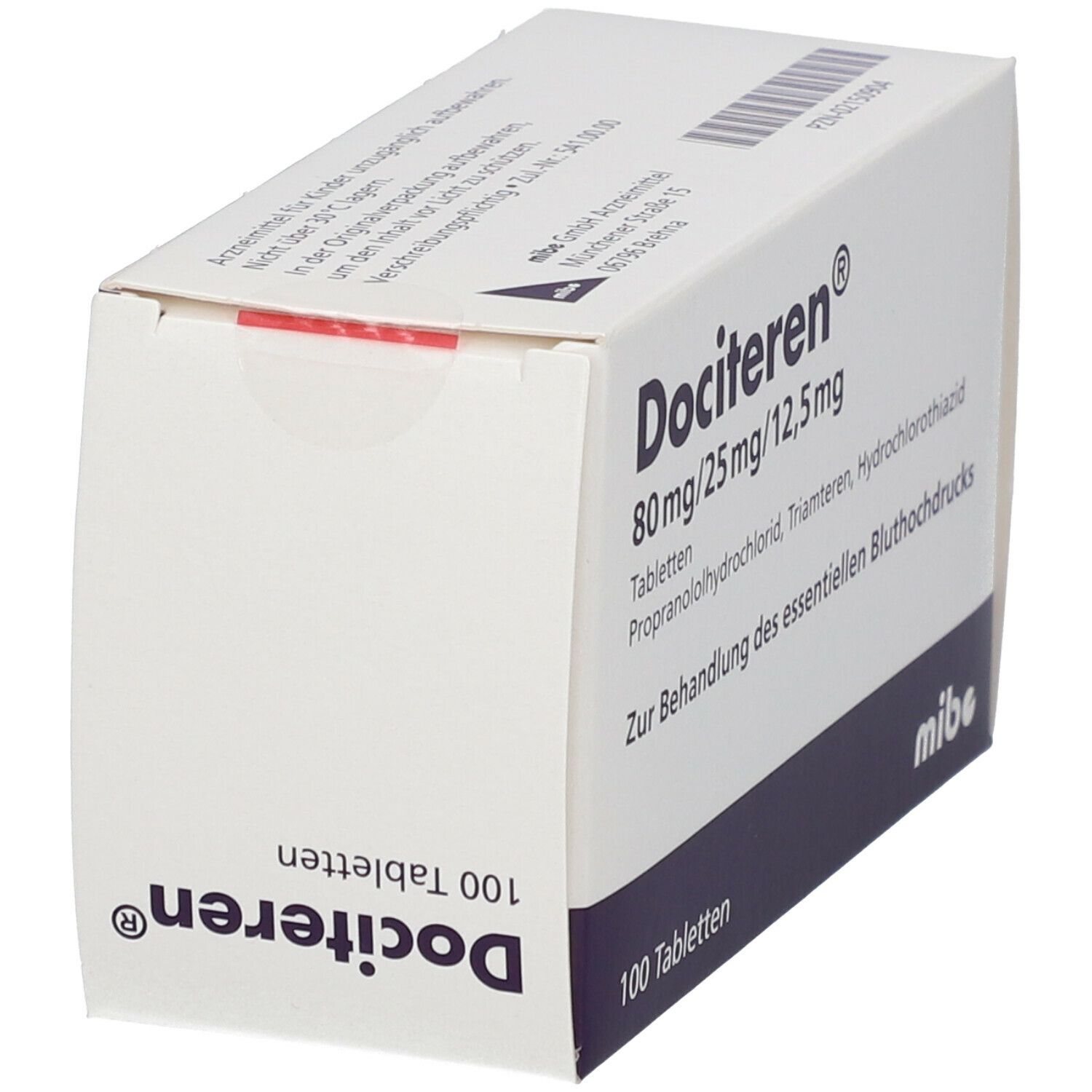 Tablettenschachtel Dociteren, 80mg/25mg/12,5mg, 100 Tabletten. Marke mibe. Schachtel schräg.