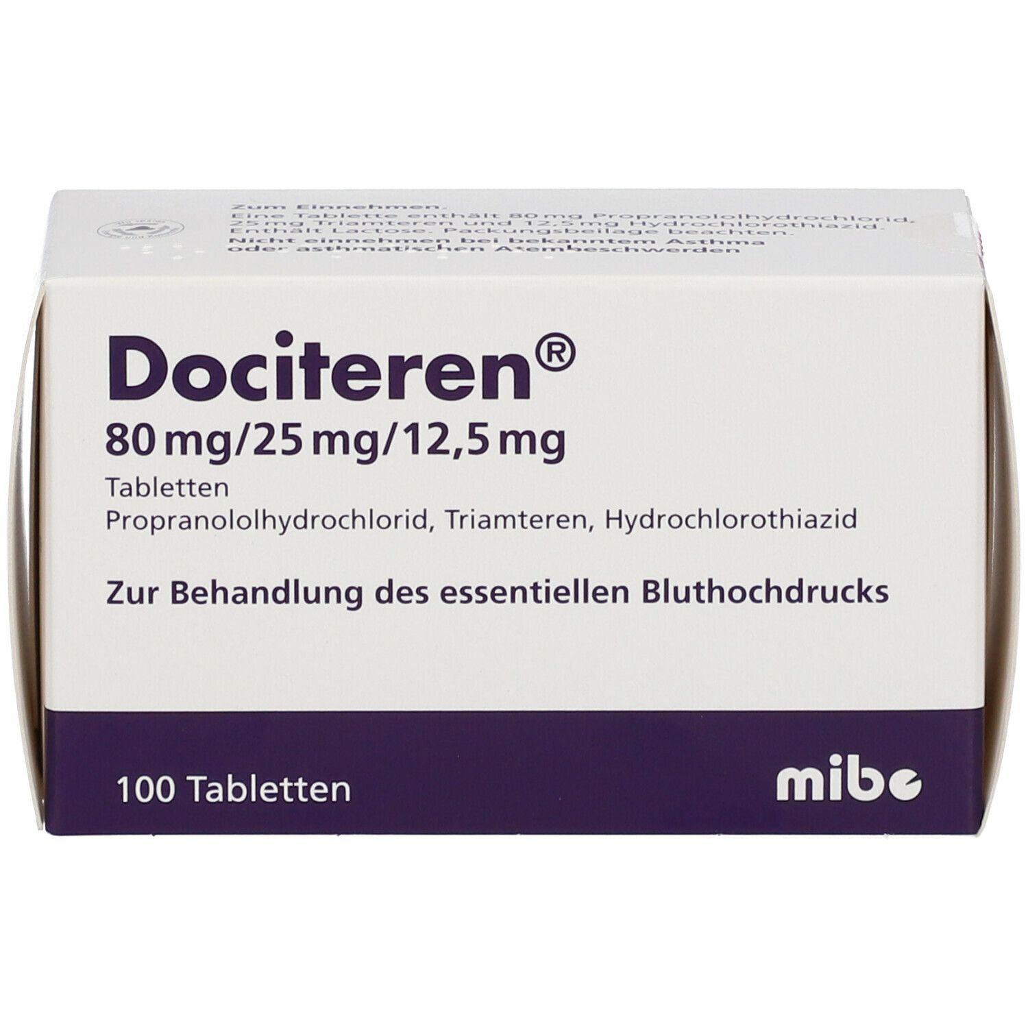 Weiße Tablettenschachtel mit Aufschrift Dociteren, 80mg/25mg/12,5mg, 100 Tabletten. Marke mibe.