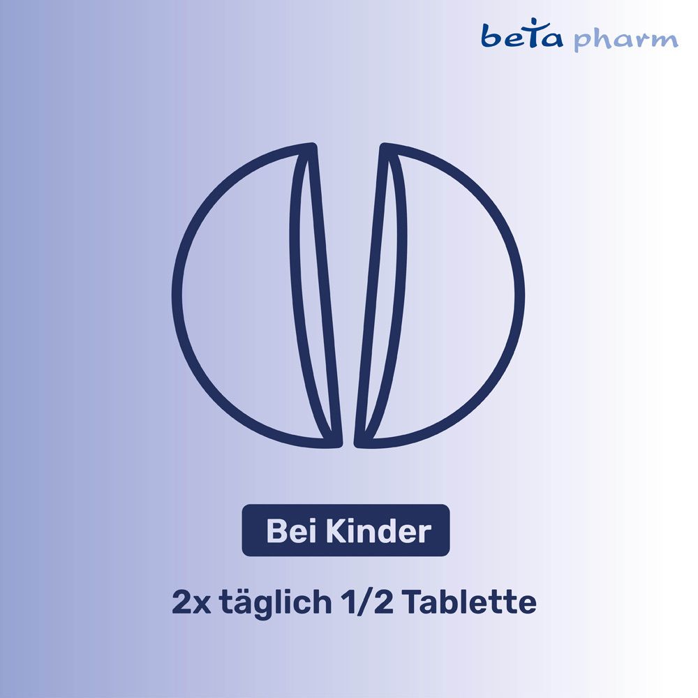 Grafische Darstellung einer Tablette, geteilt. Text: Bei Kindern. 2x täglich 1/2 Tablette. Logo beta pharm.
