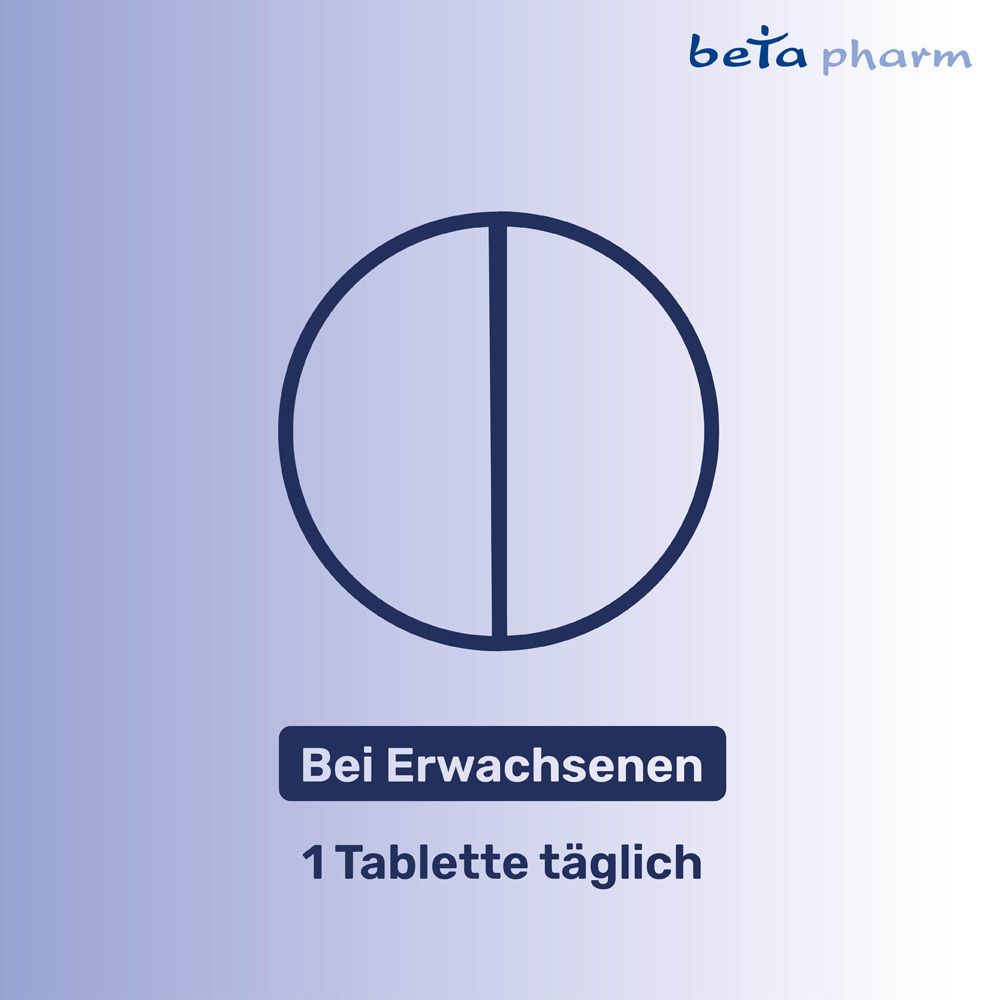 Grafische Darstellung einer Tablette, geteilt. Text: Bei Erwachsenen. 1 Tablette täglich. Logo beta pharm.