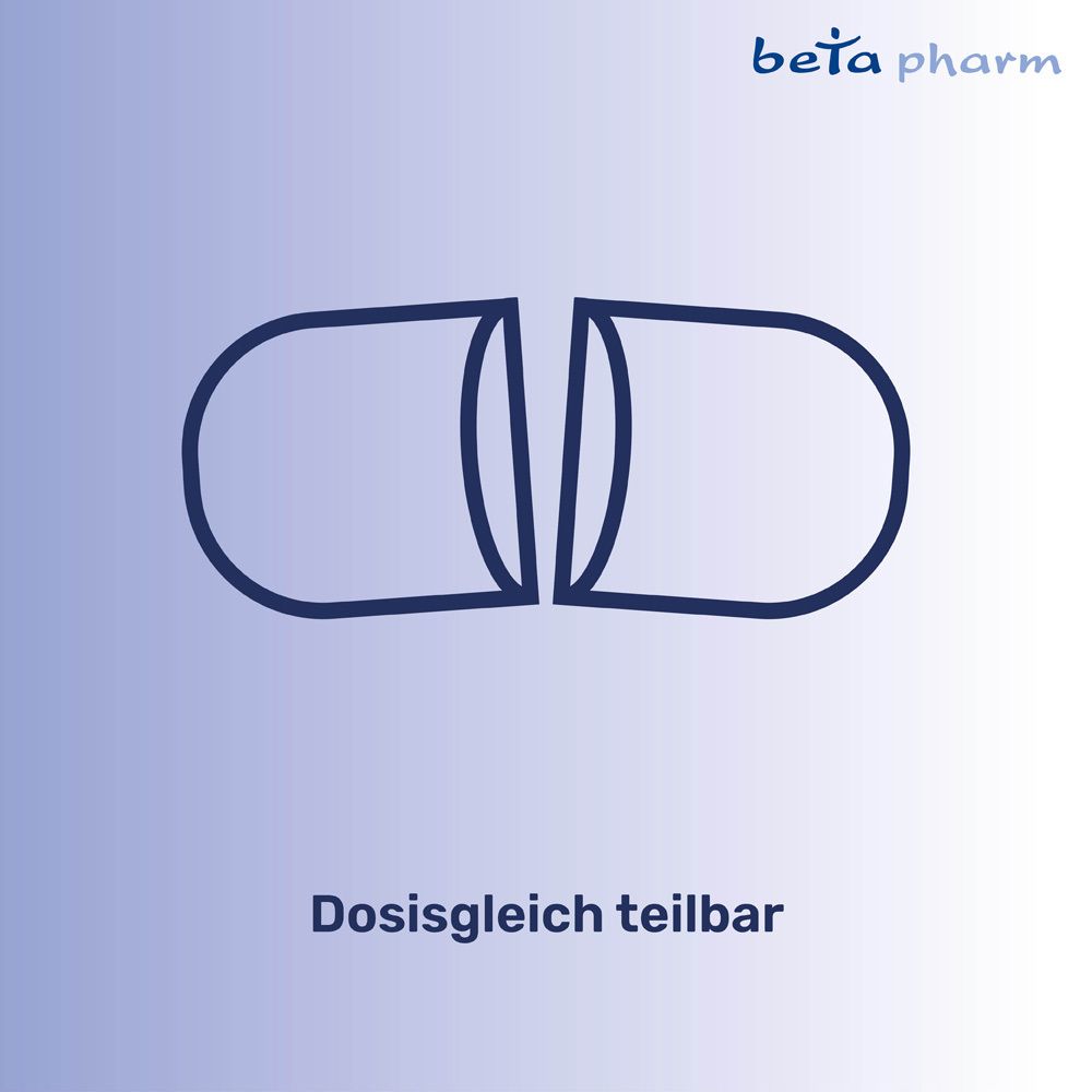 Grafische Darstellung einer Tablette, geteilt. Text: Dosisgleich teilbar. Logo beta pharm.