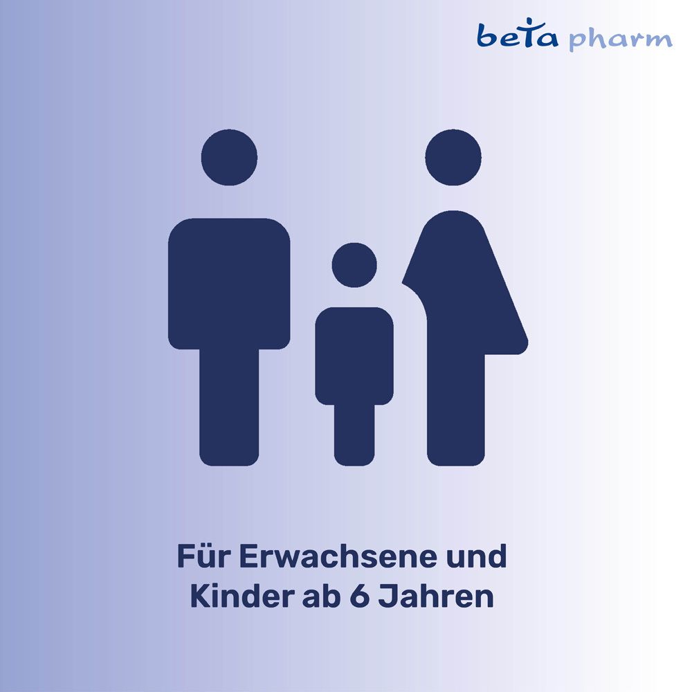 Grafische Darstellung von Personen. Text: Für Erwachsene und Kinder ab 6 Jahren. Logo beta pharm.