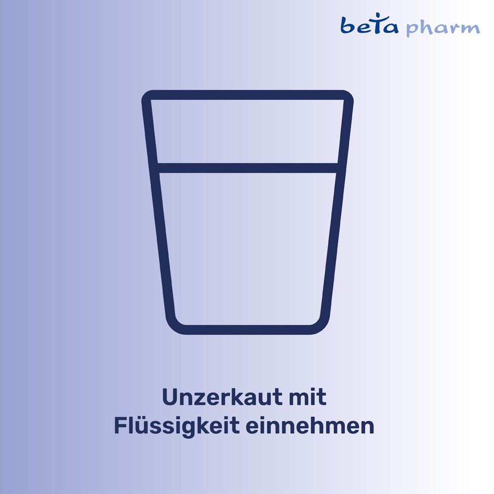 Grafische Darstellung eines Glases. Text: Unzerkaut mit Flüssigkeit einnehmen. Logo beta pharm.