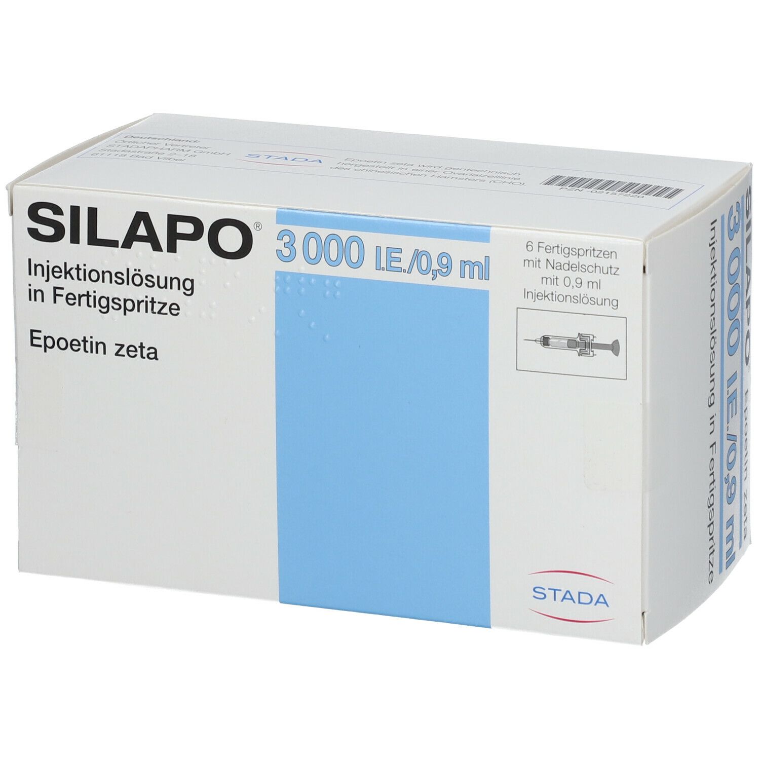 Karton SILAPO 3000 I.E./0,9 ml Injektionslösung. 6 Fertigspritzen. Blaue Akzente. STADA Logo.
