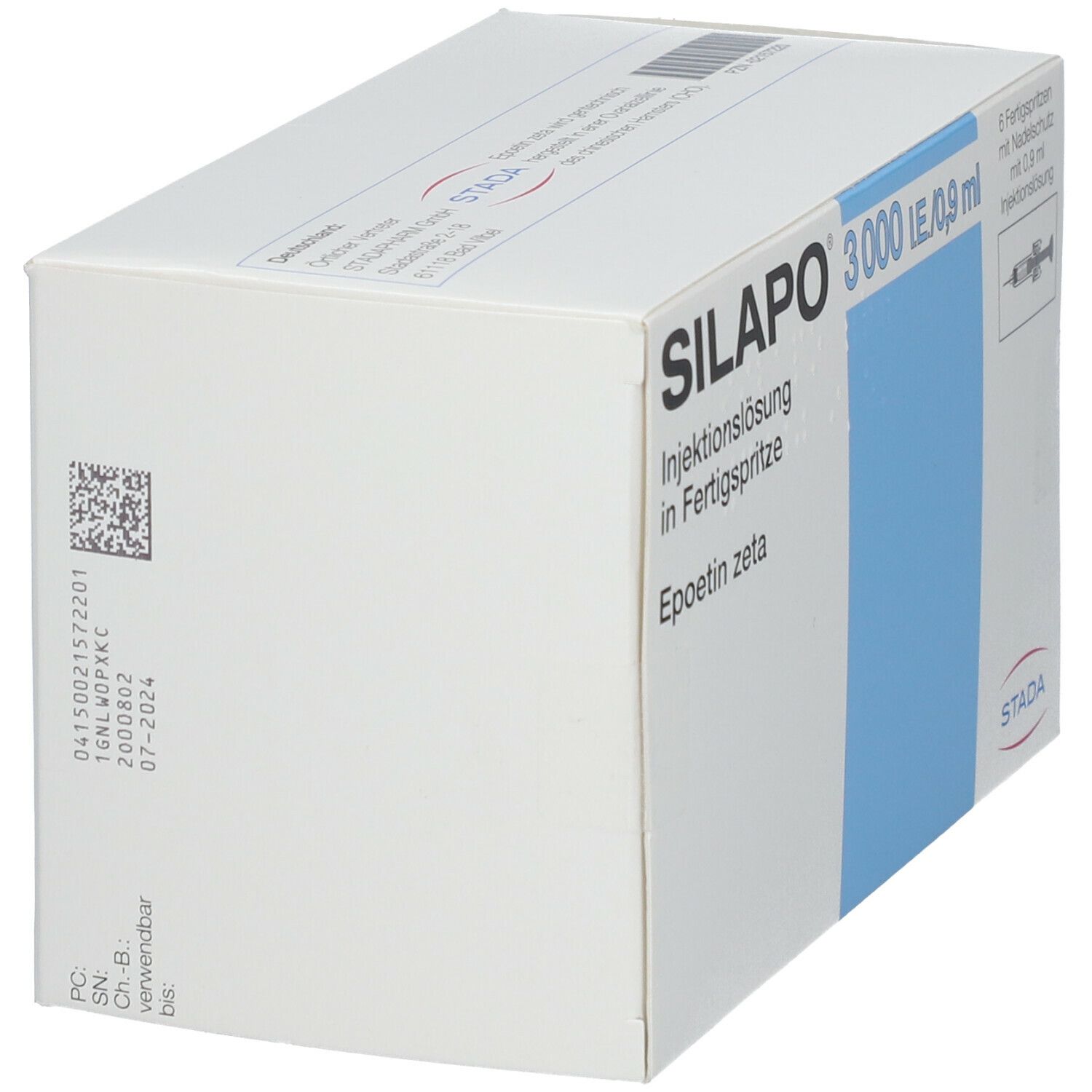 Karton SILAPO 3000 I.E./0,9 ml. Seitenansicht. Blaue Fläche. STADA Logo. Text und Barcode.