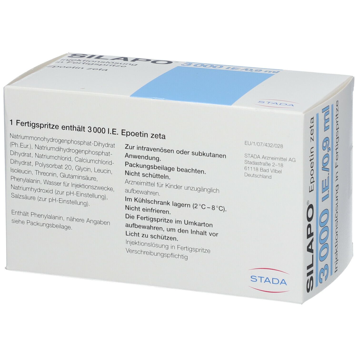 Karton SILAPO 3000 I.E./0,9 ml. Text auf der Verpackung. Blaue Fläche. STADA Logo.