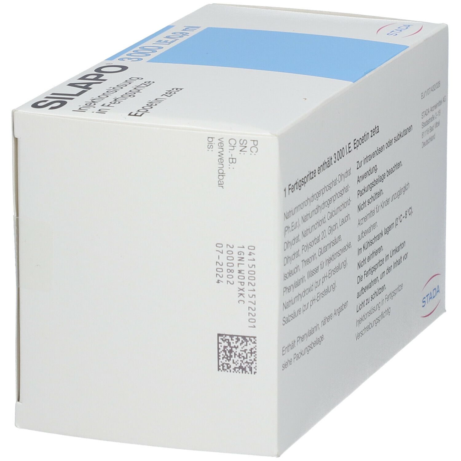 Karton SILAPO 3000 I.E./0,9 ml. Schräge Ansicht. Blaue Fläche. STADA Logo. Text.