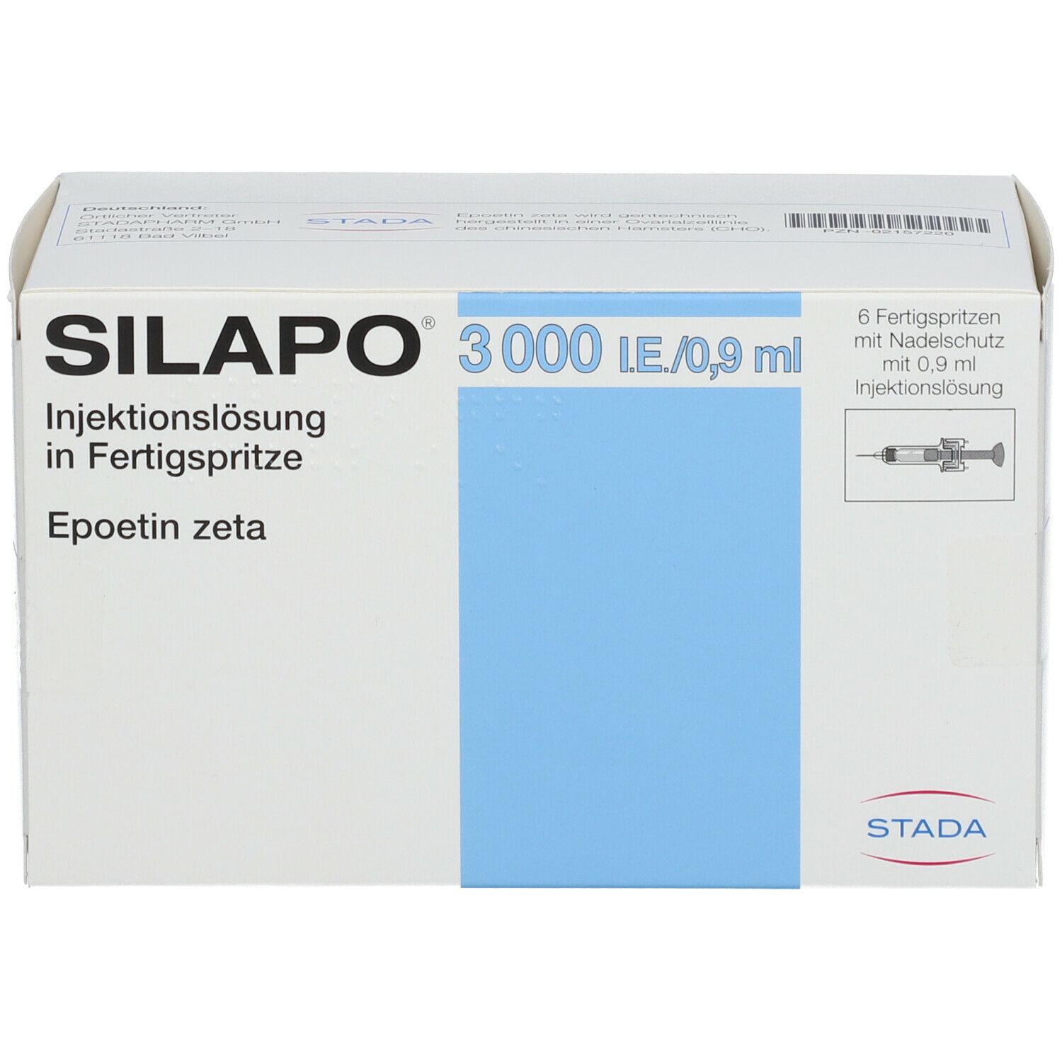 Karton SILAPO 3000 I.E./0,9 ml Injektionslösung. 6 Fertigspritzen. Blaue Akzente. STADA Logo.