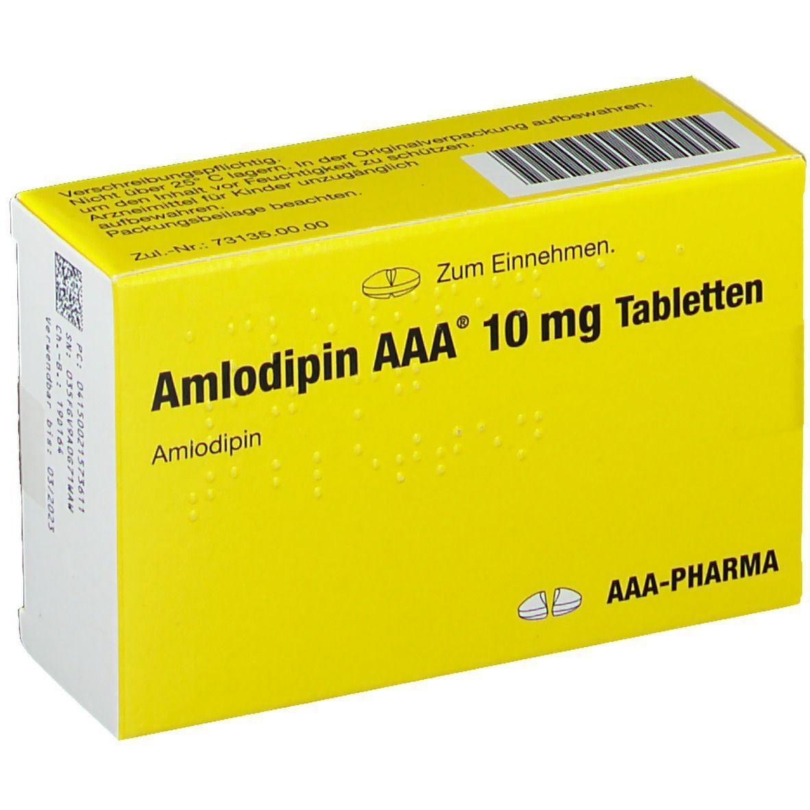 Gelbe Schachtel mit Aufschrift Amlodipin AAA 10 mg Tabletten. Marke AAA-PHARMA. Text: Zum Einnehmen.
