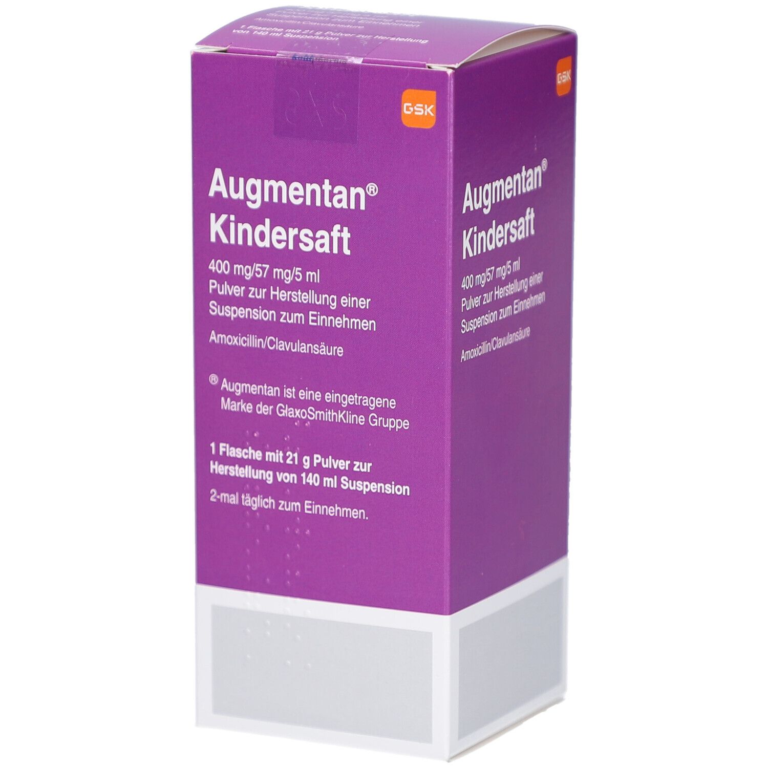 Lila-weiße Verpackung. Aufschrift: Augmentan Kindersaft. Enthält 400 mg/57 mg/5 ml. Pulver zur Herstellung einer Suspension. Marke: GSK.