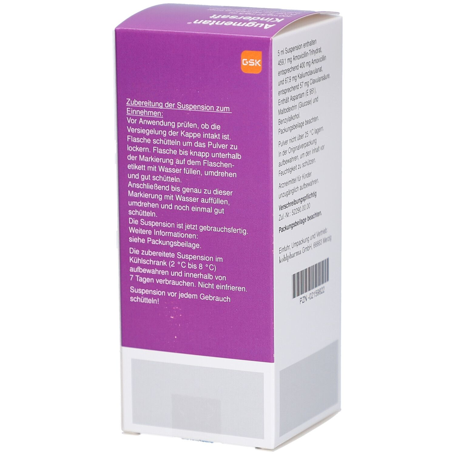 Rückseite der Augmentan Kindersaft Verpackung. Anleitung zur Herstellung der Suspension. Text in deutscher Sprache.