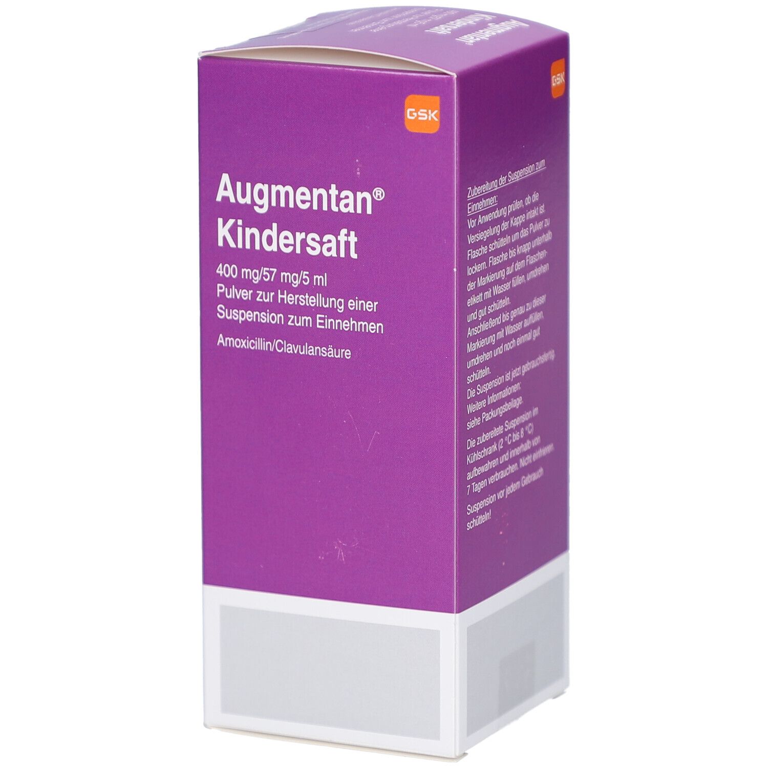 Augmentan Kindersaft Verpackung. Lila-weiße Schachtel mit Produktnamen und Dosierung. GSK Logo.