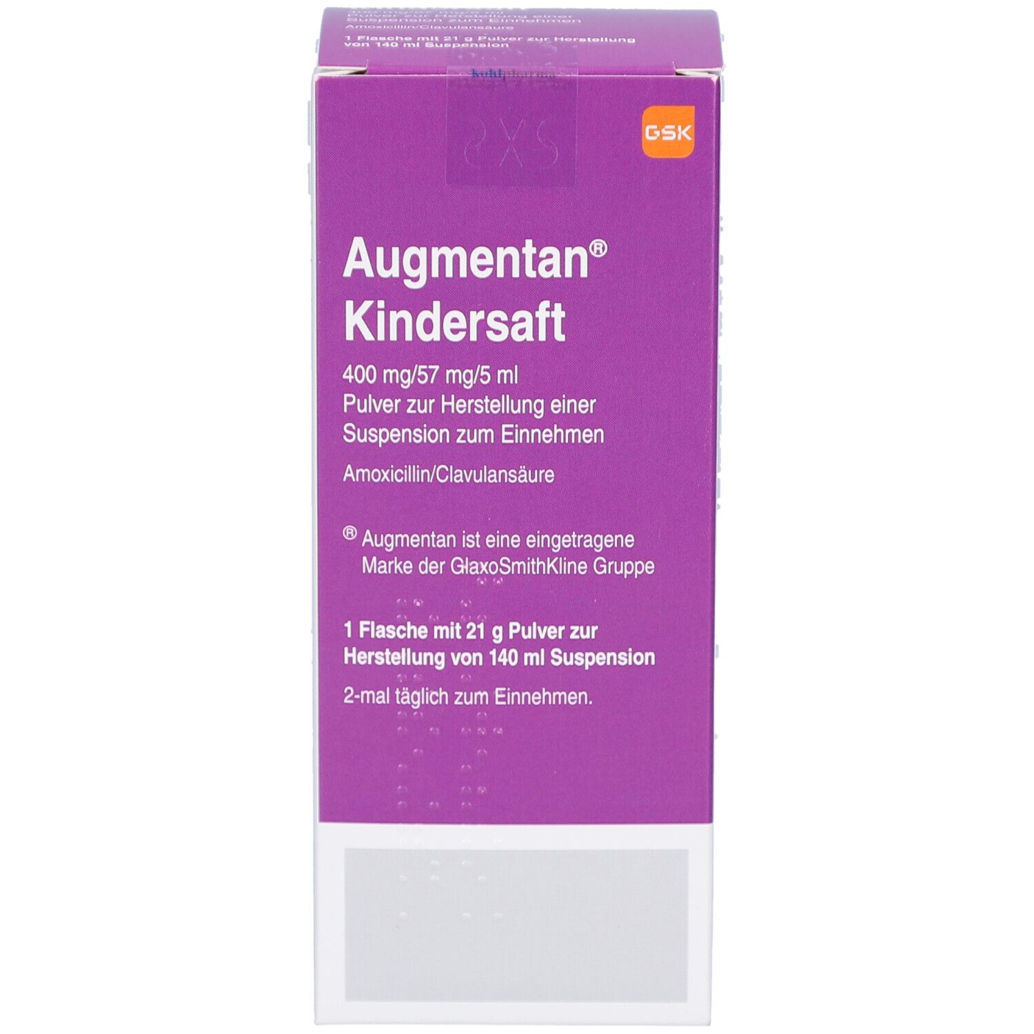 Augmentan Kindersaft Verpackung. Produktname, Dosierung und Inhaltsstoffe. Enthält eine Flasche mit Pulver.