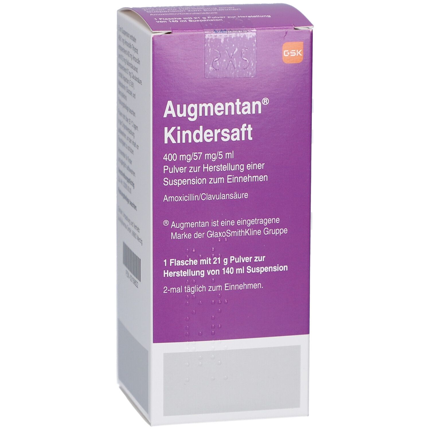 Lila-weiße Verpackung. Aufschrift: Augmentan Kindersaft. Enthält 400 mg/57 mg/5 ml. Pulver zur Herstellung einer Suspension. Marke: GSK.