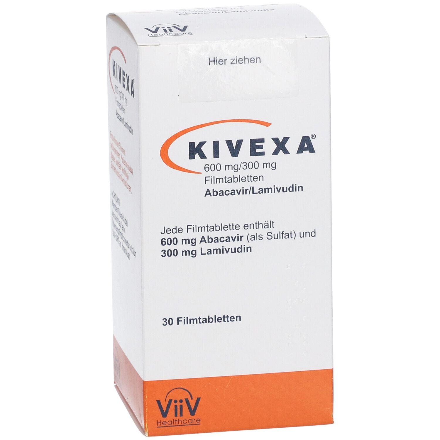 KIVEXA-Packung. Enthält 30 Filmtabletten. Aufschrift: 600 mg/300 mg. Abacavir/Lamivudin. ViiV Healthcare Logo.