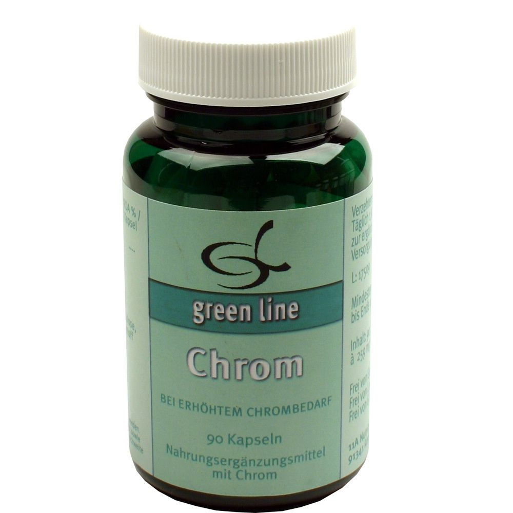 Grüne Kapseln in einer grünen Glasflasche mit weißem Deckel. Aufschrift: green line Chrom. 90 Kapseln.