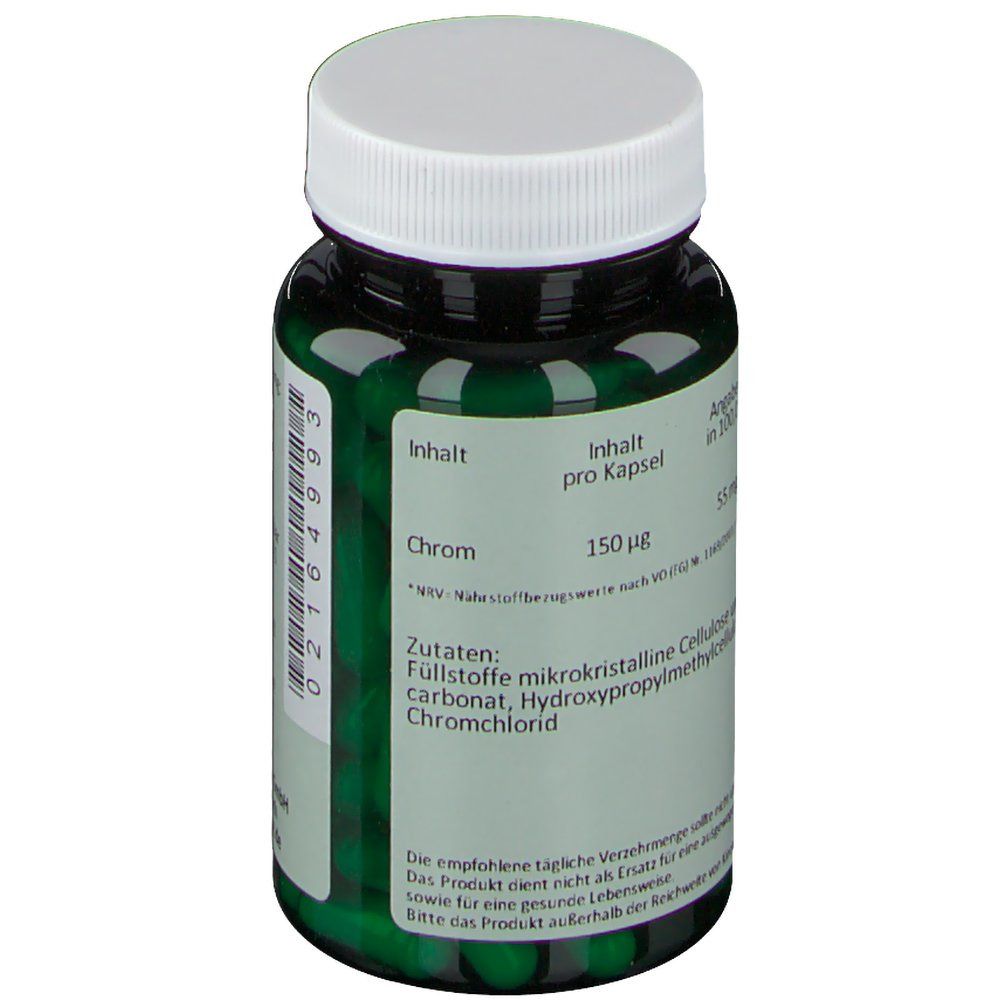 Grüne Kapseln in einer grünen Glasflasche mit weißem Deckel. Text: Chrom, 150 µg pro Kapsel. Zutaten: Füllstoffe, Chromchlorid.