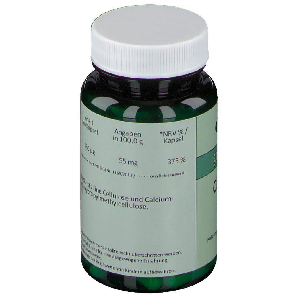 Grüne Kapseln in einer grünen Glasflasche mit weißem Deckel. Text: Chrom, 150 µg pro Kapsel. Angaben in 100,0 g: 55 mg.