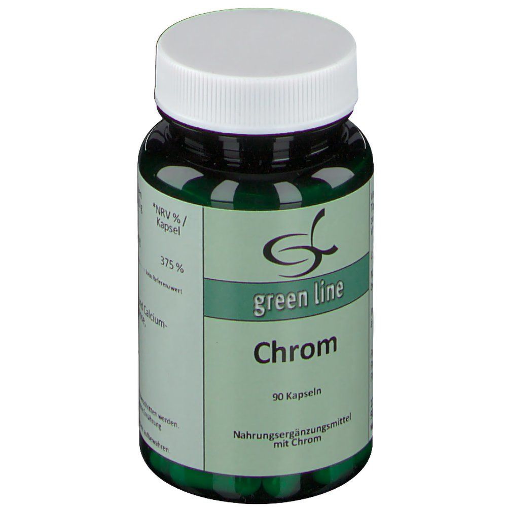 Grüne Kapseln in einer grünen Glasflasche mit weißem Deckel. Aufschrift: green line Chrom. 90 Kapseln. Nahrungsergänzungsmittel mit Chrom.