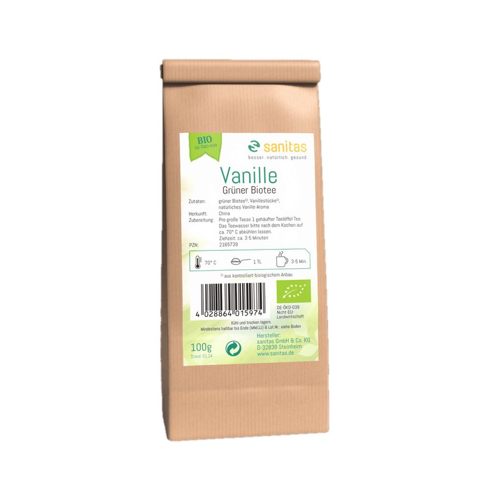 Braune Papiertüte mit Etikett: Vanille Grüner Bio Tee, 100g. Enthält Bio-Siegel und Barcode.
