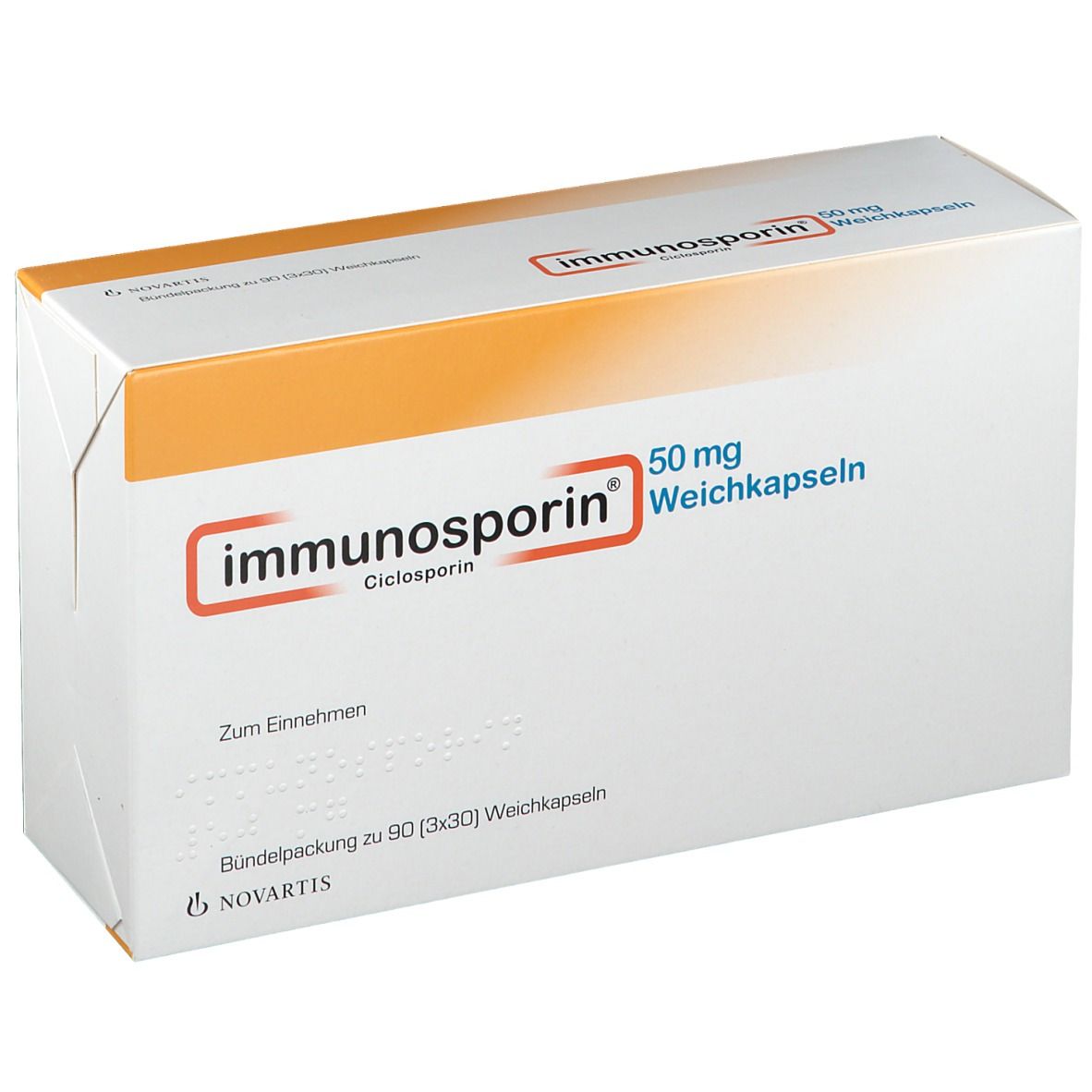 Schachtel Immunosporin 50 mg Weichkapseln. Weiß mit orangefarbenem Akzent. Produktname und Dosierung deutlich sichtbar.