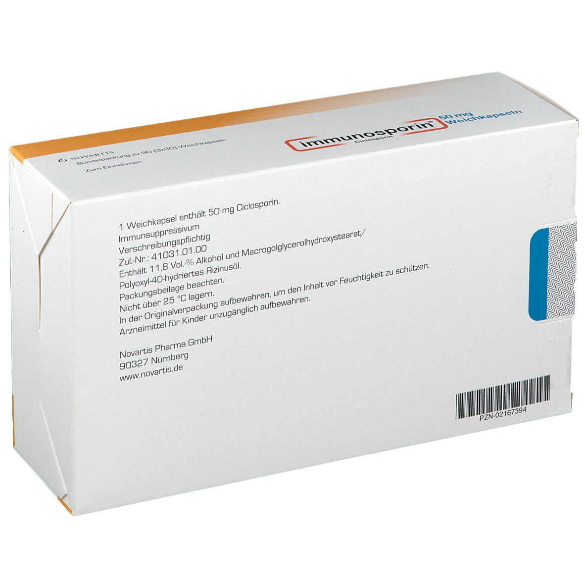 Rückseite der Schachtel Immunosporin 50 mg Weichkapseln. Textinformationen und Barcode. Weiß mit orangefarbenem Akzent.