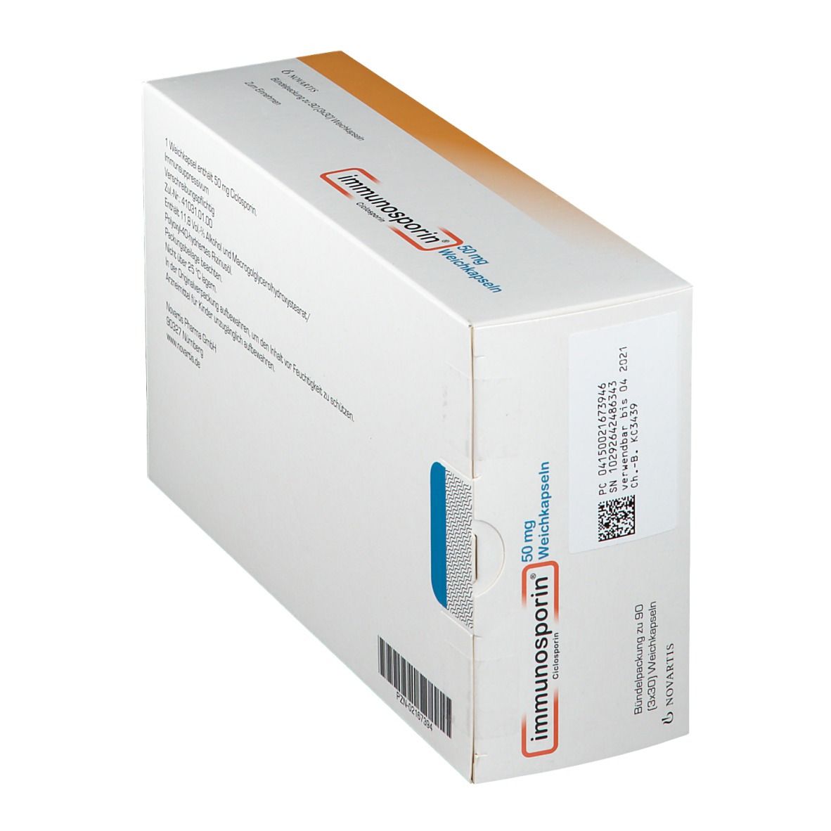 Schachtel Immunosporin 50 mg Weichkapseln. Seitenansicht mit Text und Barcode. Weiß mit orangefarbenem Akzent.